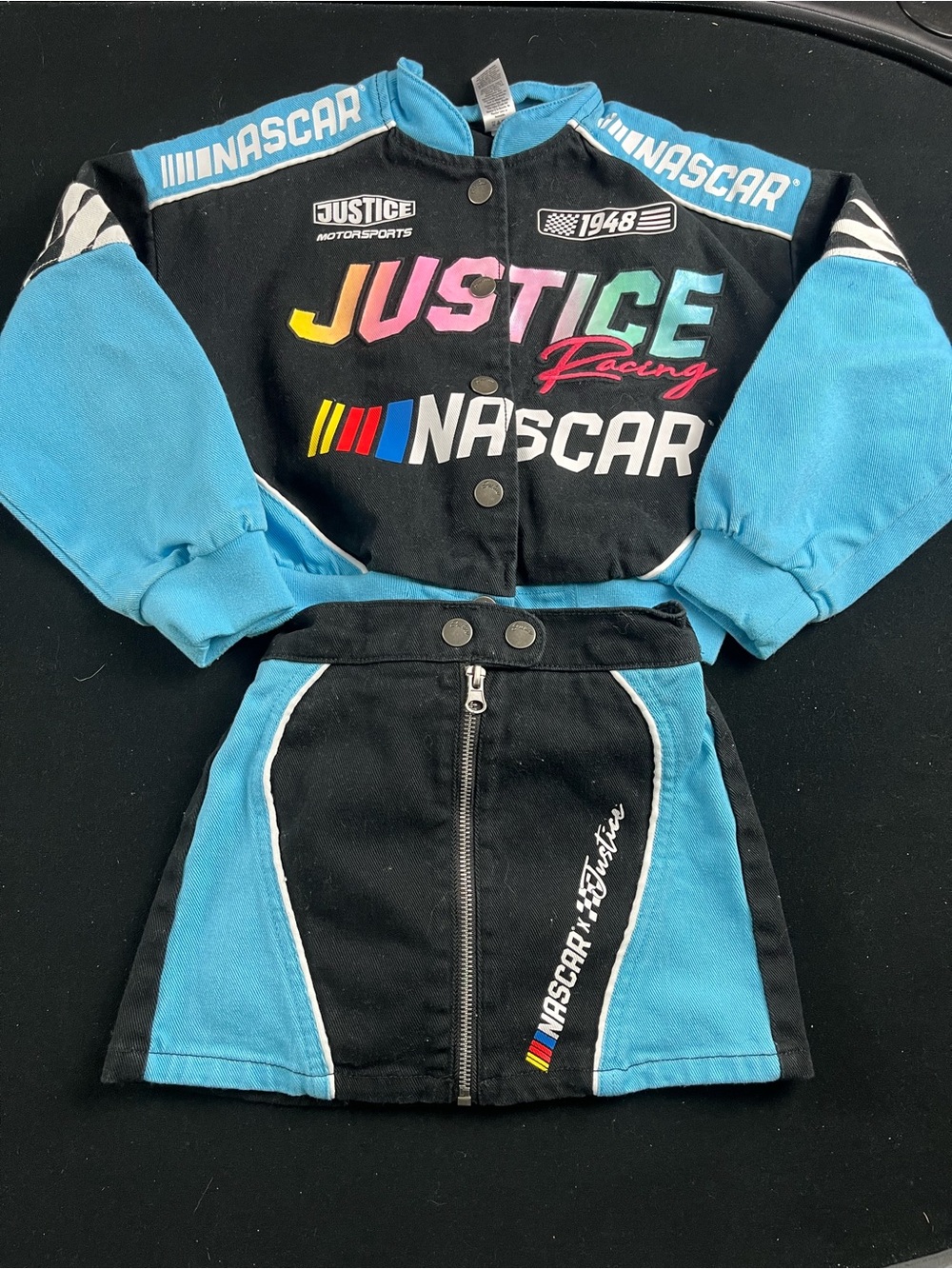 Justice Girls Black and Blue NASCAR Racing Jacket & Skirt Set